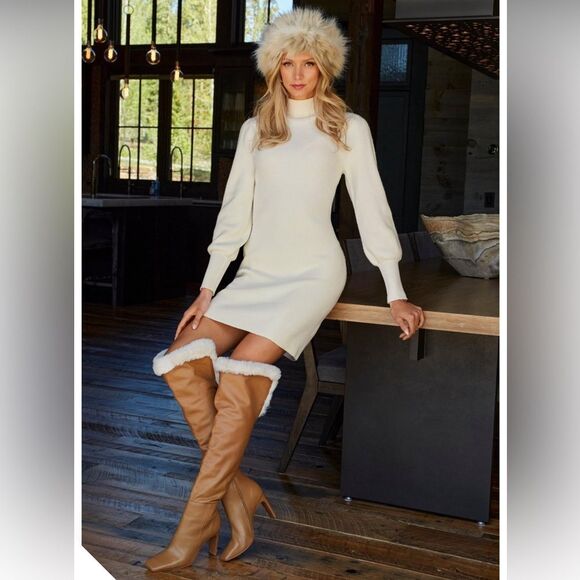 BCBGMAXAZRIA Tan Leather Over The Knee Boot Faux Fur High Block Heel Size 7 - Picture 8 of 16